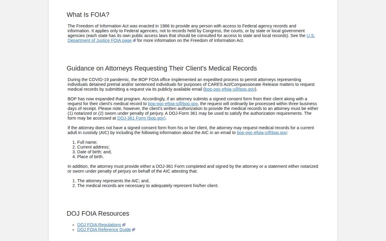 Federal Bureau of Prisons FOIA release record request for Harlan cases