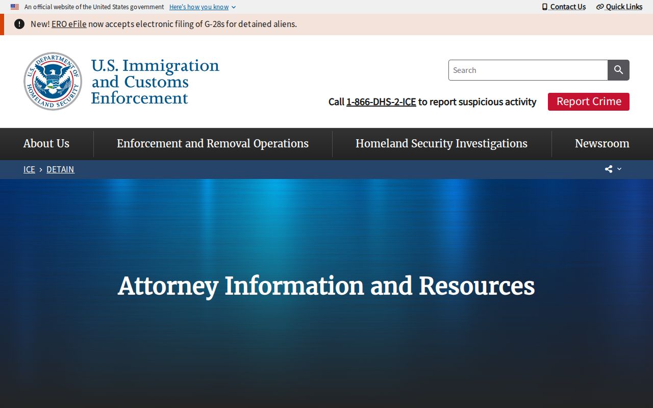 ICE detention information and resources page for federal immigration custody