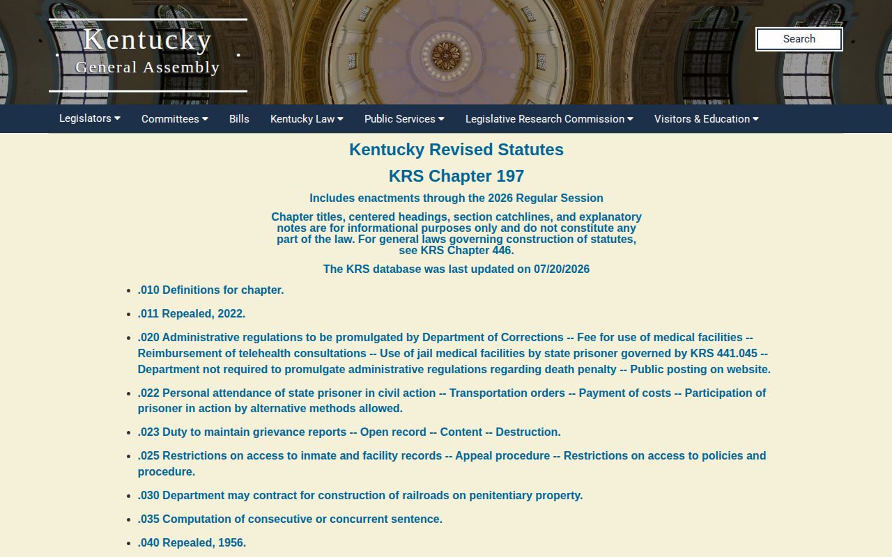 Kentucky Legislature Chapter 197 sentence-credit statutes