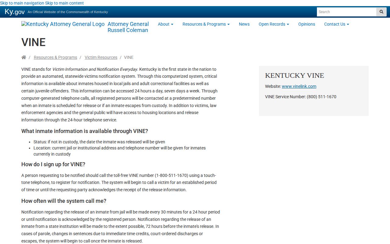Kentucky Attorney General VINE victim notification instructions